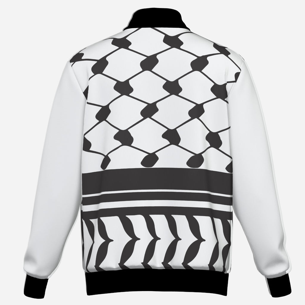 Back of White Bomber Jacket with Keffiyeh Design Pattern.