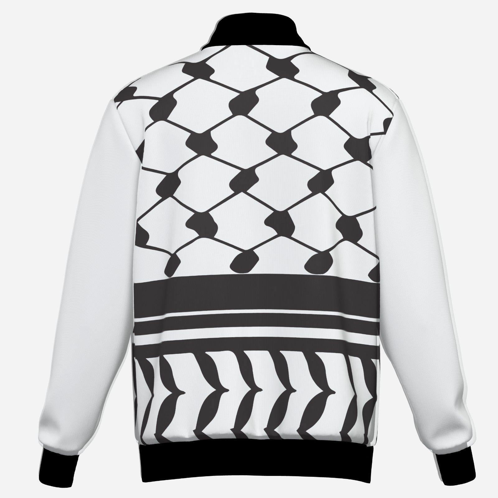 Back of White Bomber Jacket with Keffiyeh Design Pattern.