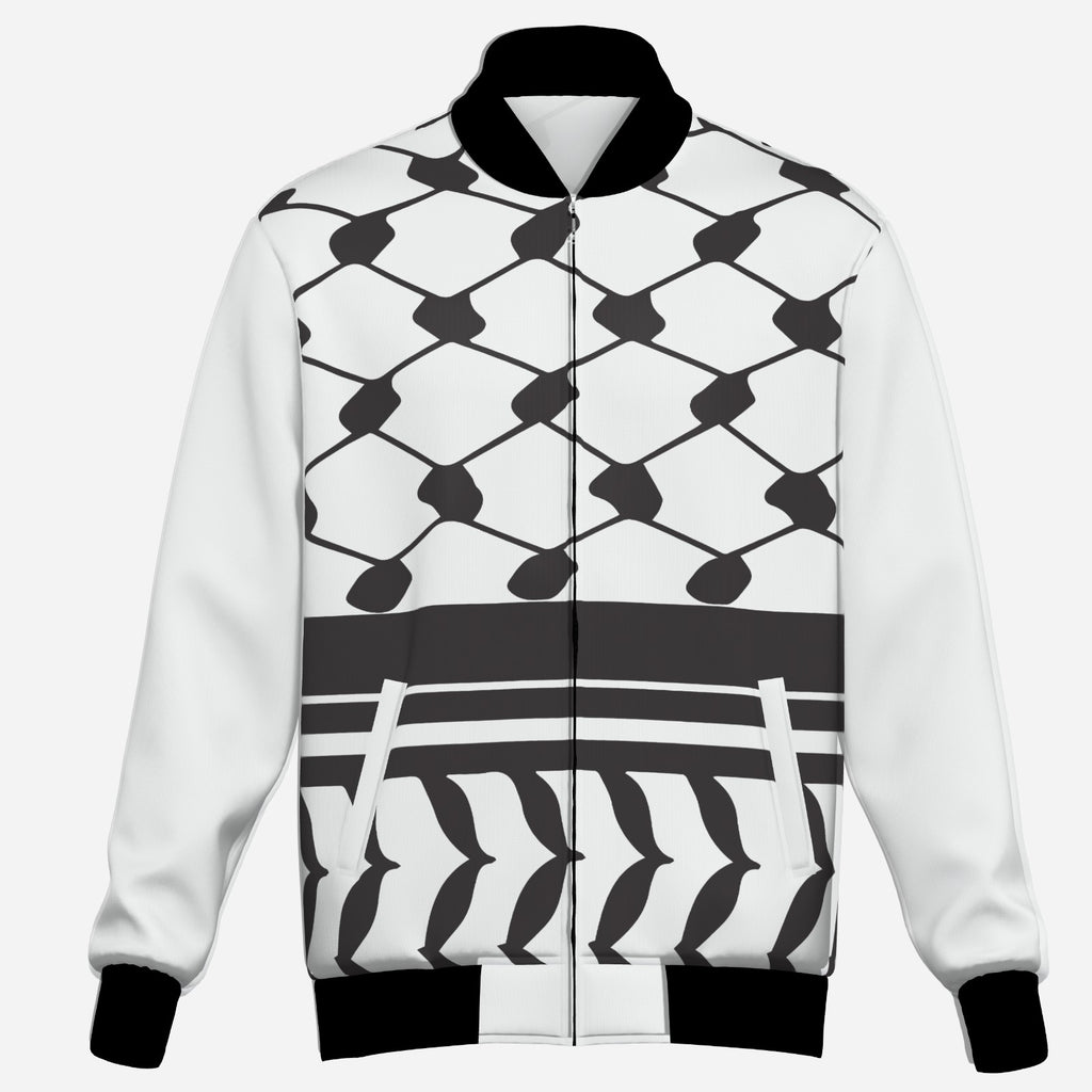 White bomber jacket with Keffiyeh design pattern.
