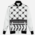 White bomber jacket with Keffiyeh design pattern.