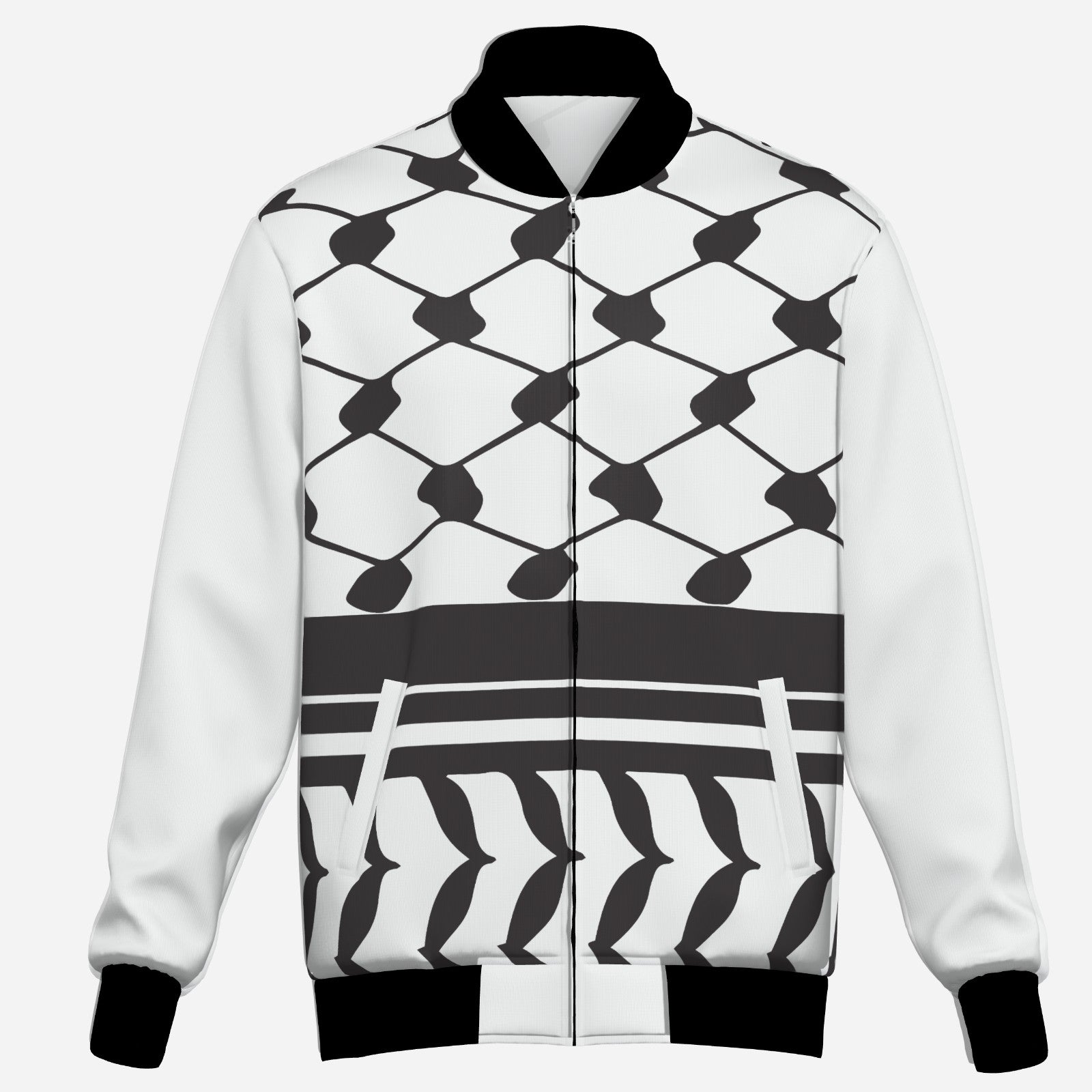 White bomber jacket with Keffiyeh design pattern.