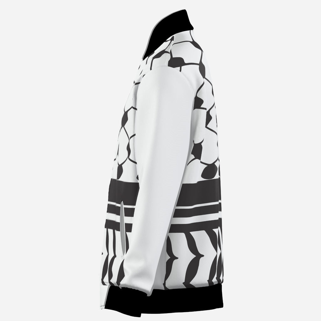 Left side of White bomber Jacket with Keffiyeh Design Pattern
