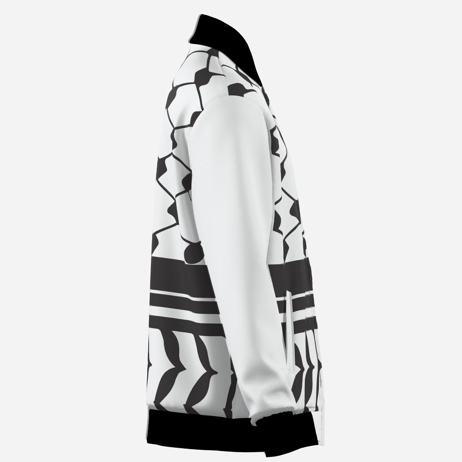 Right Hand Side of White Bomber Jacket with Keffiyeh Design Pattern