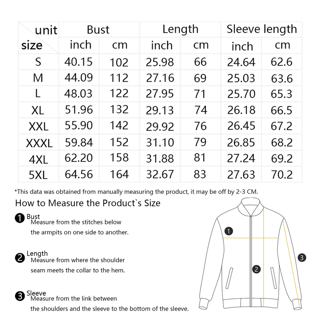 Size chart for the keffiyeh bomber jacket with measurements in inches and centimetres.