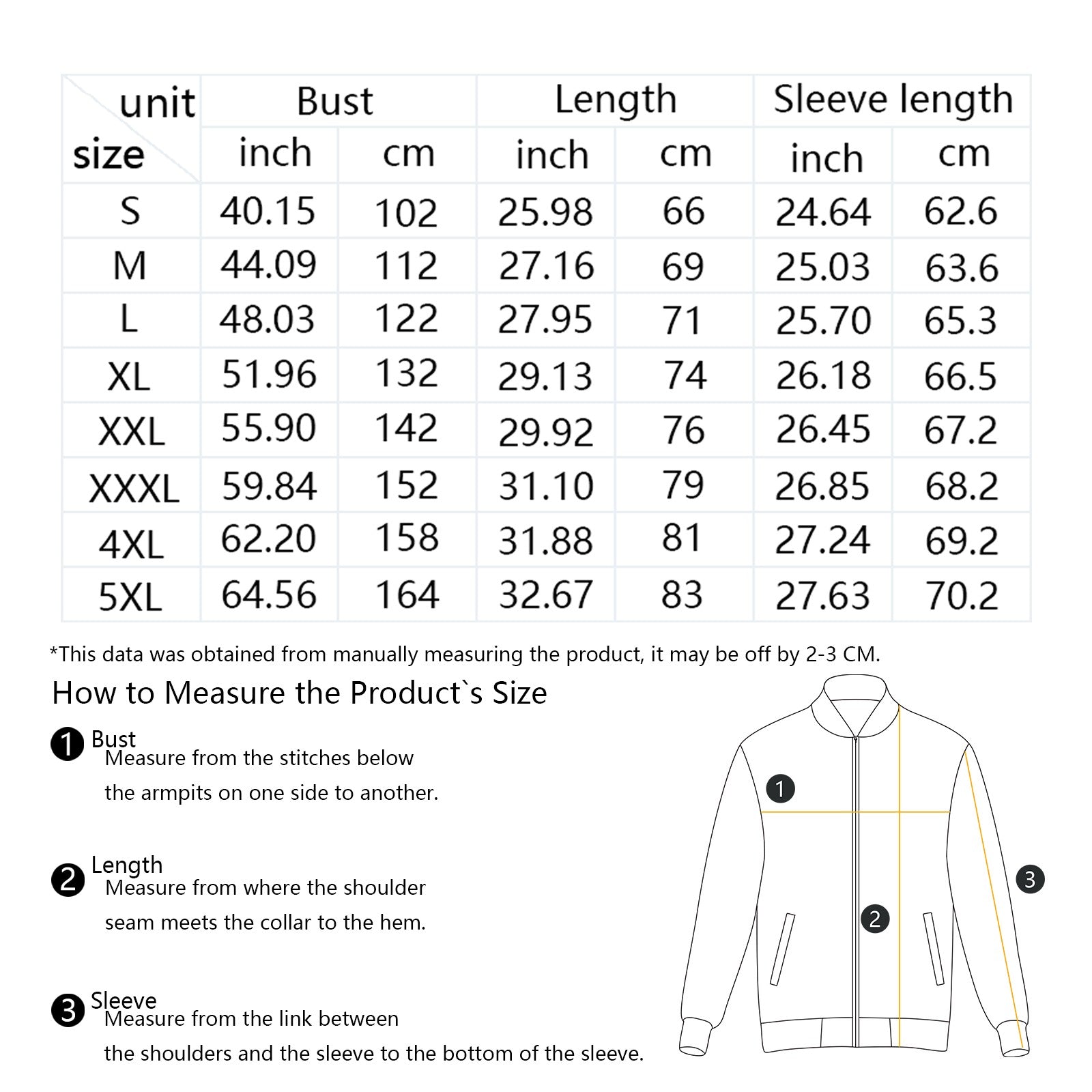 Size chart for the keffiyeh bomber jacket with measurements in inches and centimetres.